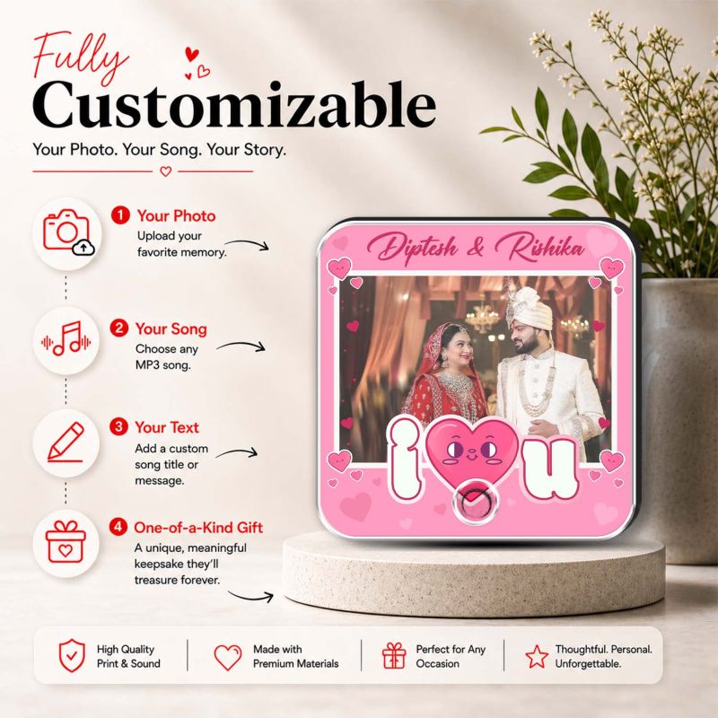 Personalized I Love You Theme Musical Fridge Magnet Photo Frame Valentine's for Couples Wedding Picture Magnet Playable Music for Couples and Music Lovers